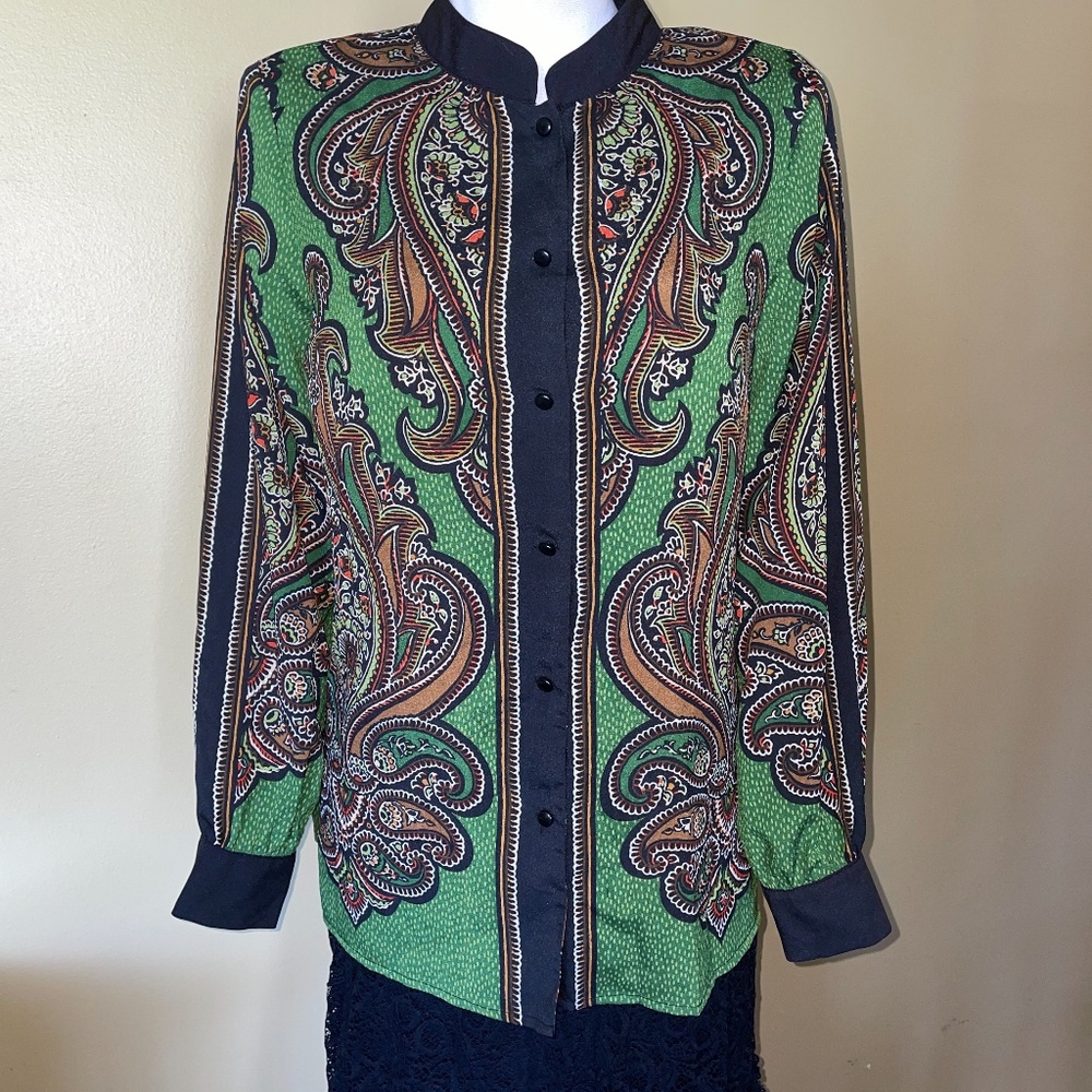 Bob Mackie Green Black Multicolor Paisley Floral Boho Blouse